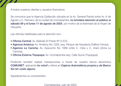 COMUNICADO CIERRE QUILLACOLLO URKUPINA 30.07.2025