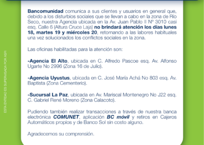 COMUNICADO CIERRE AGENCIA RIO SECO 18.05