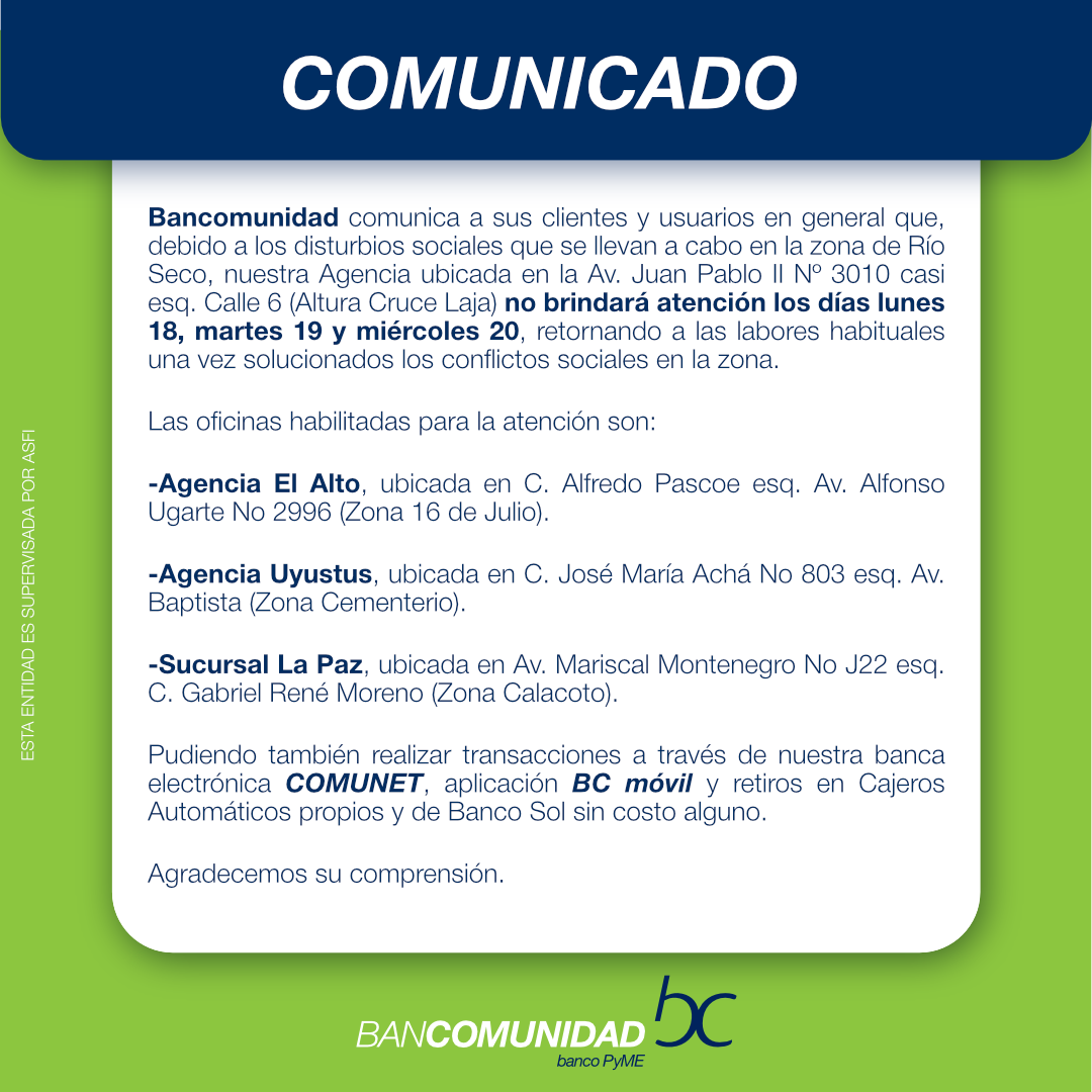COMUNICADO CIERRE AGENCIA RIO SECO 18.05