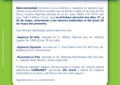 COMUNICADO CIERRE AGENCIA RIO SECO 21.05