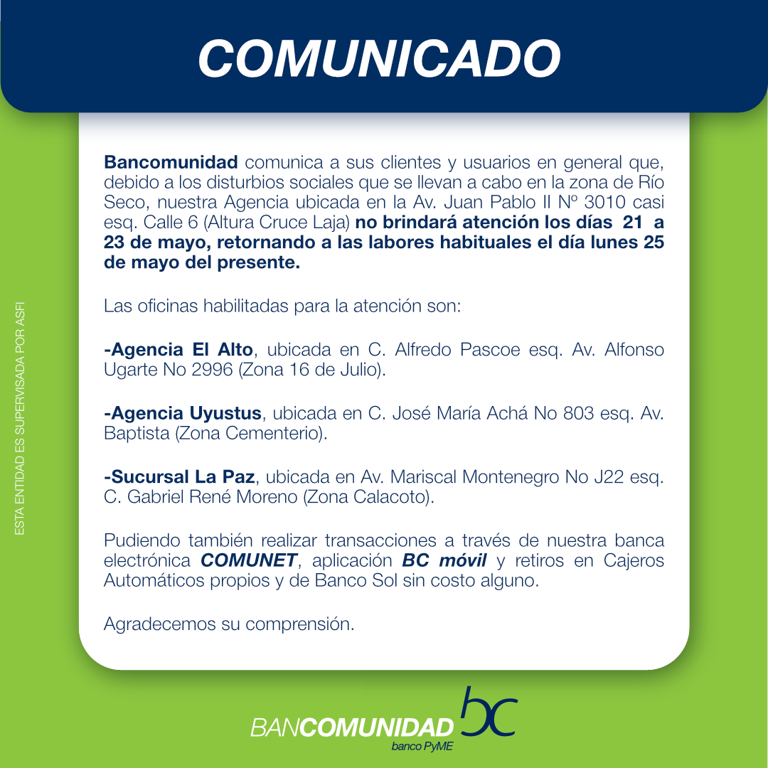 COMUNICADO CIERRE AGENCIA RIO SECO 21.05