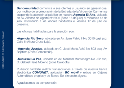 COMUNICADO CIERRE AGENCIA EL ALTO 10.07.2026