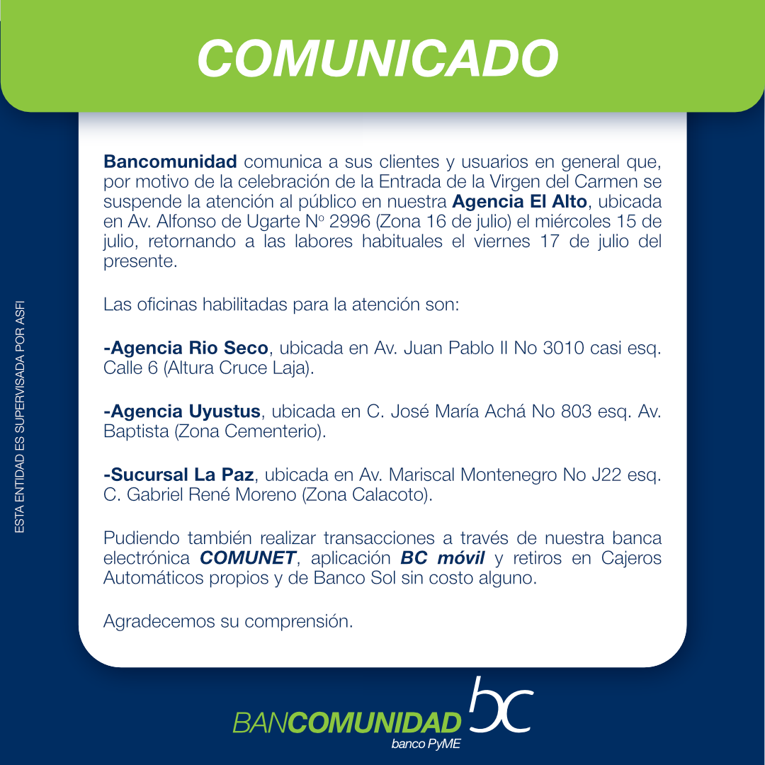 COMUNICADO CIERRE AGENCIA EL ALTO 10.07.2026