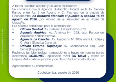 COMUNICADO AGENCIA QUILLACOLLO URKUPINA 11.08.2026