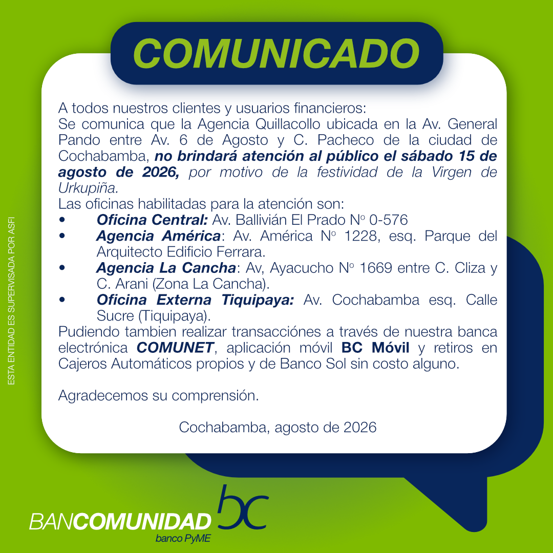 COMUNICADO AGENCIA QUILLACOLLO URKUPINA 11.08.2026
