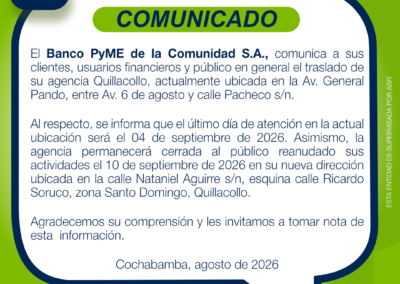 COMUNICADO TRASLADO AGENCIA QUILLACOLLO 21.08.2026