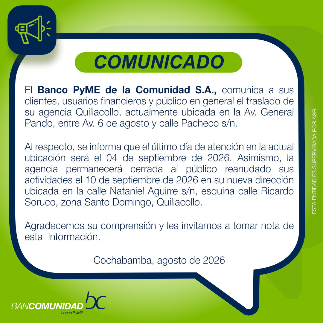 COMUNICADO TRASLADO AGENCIA QUILLACOLLO 21.08.2026