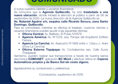 COMUNICADO AGENCIA ANTIGUA QUILLACOLLO 02.09.2026