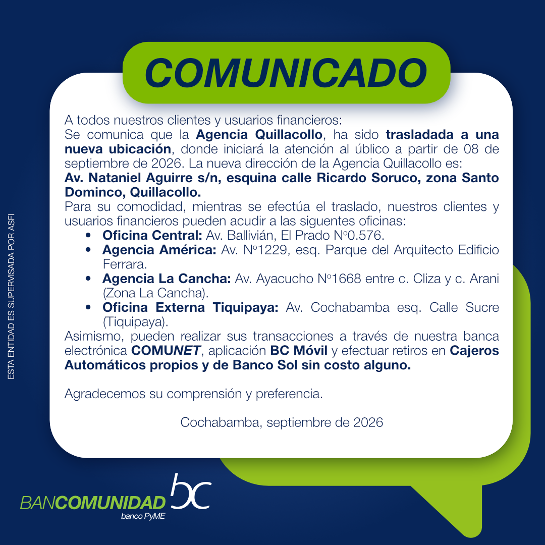 COMUNICADO AGENCIA ANTIGUA QUILLACOLLO 02.09.2026