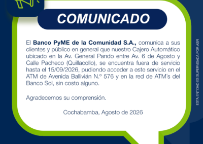 COMUNICADO CIERRE ATM QUILLACOLLO 31.08.2026