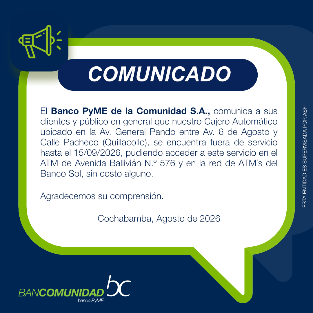 COMUNICADO CIERRE ATM QUILLACOLLO 31.08.2026